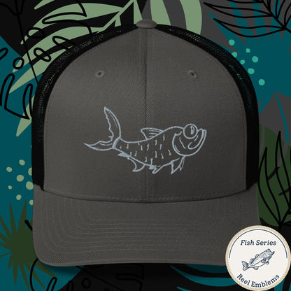 Charcoal and black trucker fishing hat with playful tarpon fish graphic on front panel. - Tarpon – Fish Series Trucker Cap