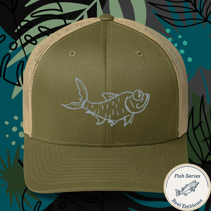 Olive and tan trucker cap with embroidered tarpon fish graphic, fishing hat with mesh back. - Tarpon – Fish Series Trucker Cap