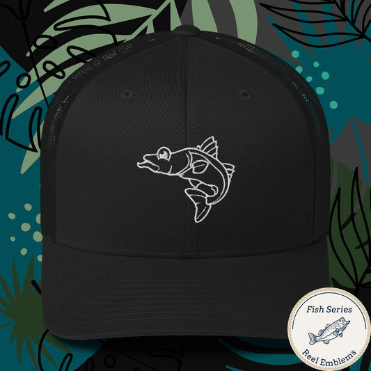 Black retro trucker cap with white embroidered snook fish design, front view
