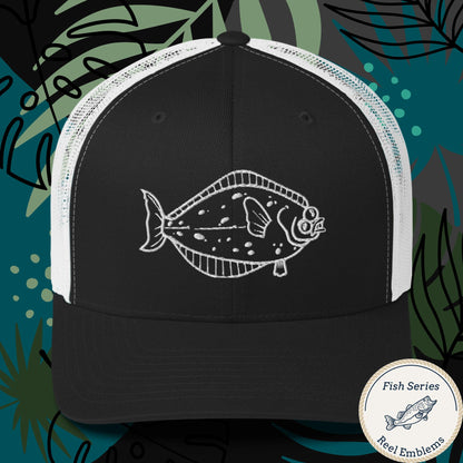 Black trucker cap with white mesh back and humorous halibut fish graphic fishing hat. - Halibut – Fish Series Trucker Cap
