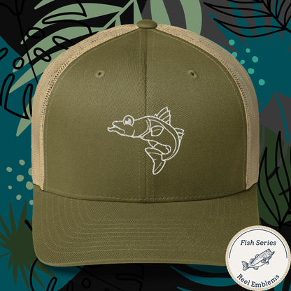 Olive green and tan mesh trucker fishing hat with white embroidered cartoon fish design, funny fishing hat style. - Snook – Fish Series Trucker Cap
