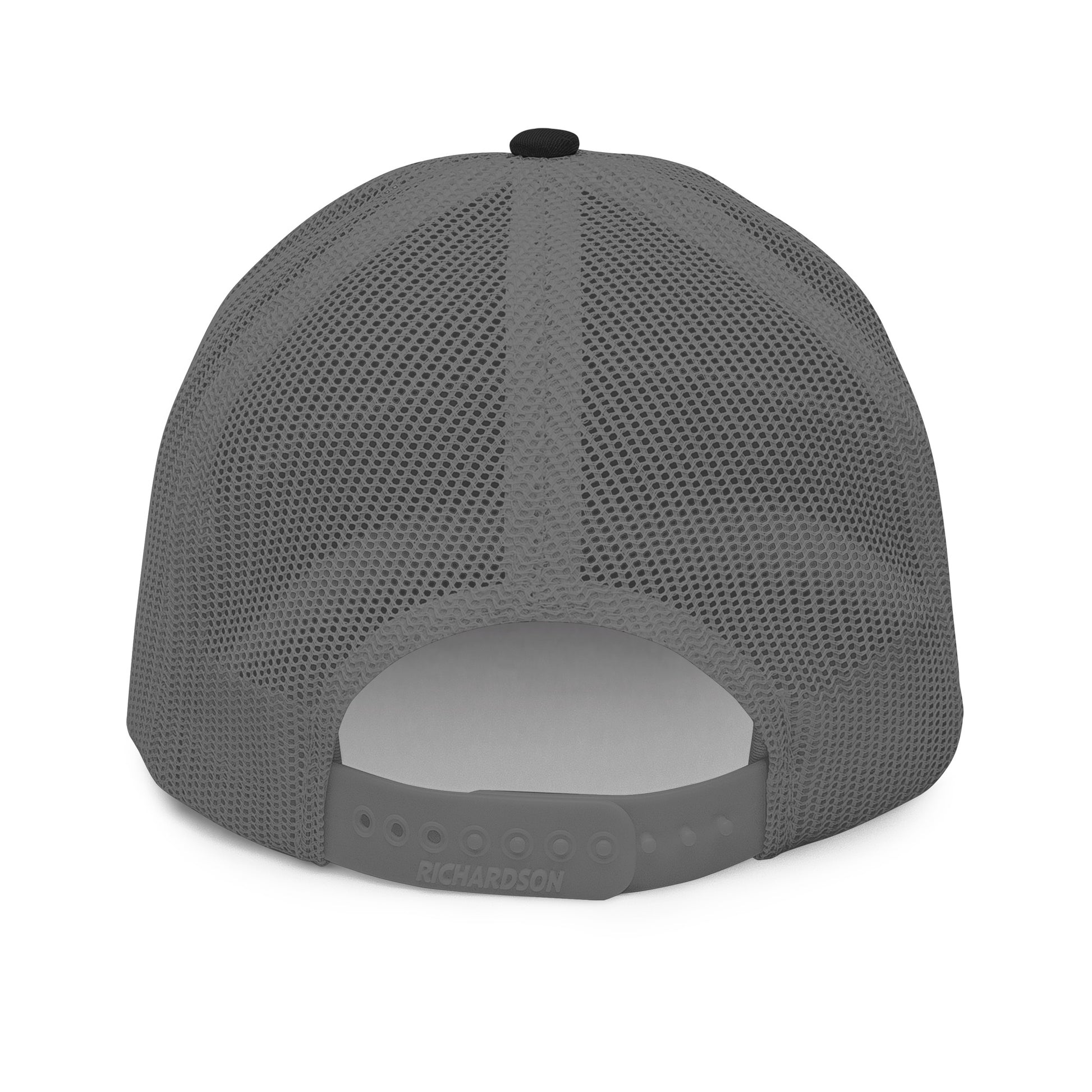 Charcoal gray mesh back fishing hat with adjustable snapback closure, funny fishing hat style. - Shark Chase Trucker Hat – Fish Series Richardson 112