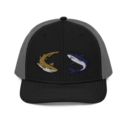 Heather grey and black trucker fishing hat with embroidered shark graphic, snapback style, funny fishing hat design. - Shark Chase Trucker Hat – Fish Series Richardson 112