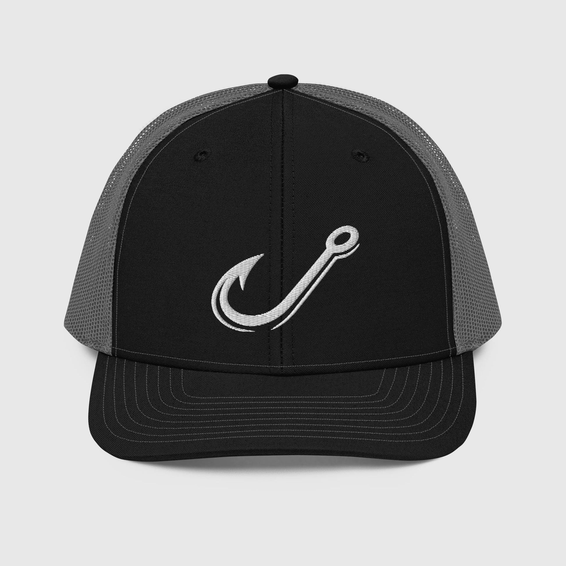 Black and charcoal J hook trucker fishing hat with snapback closure and graphic hook design. - Classic J Hook Trucker Hat – Richardson 112 Fishing Hat