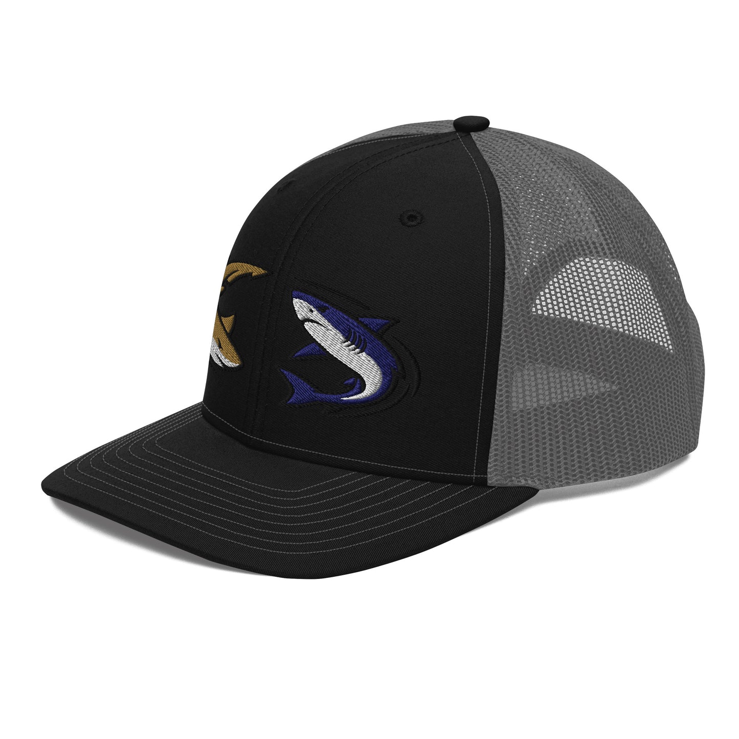 Black and grey trucker hat with embroidered shark graphic, breathable mesh back, fishing hat. - Shark Chase Trucker Hat – Fish Series Richardson 112