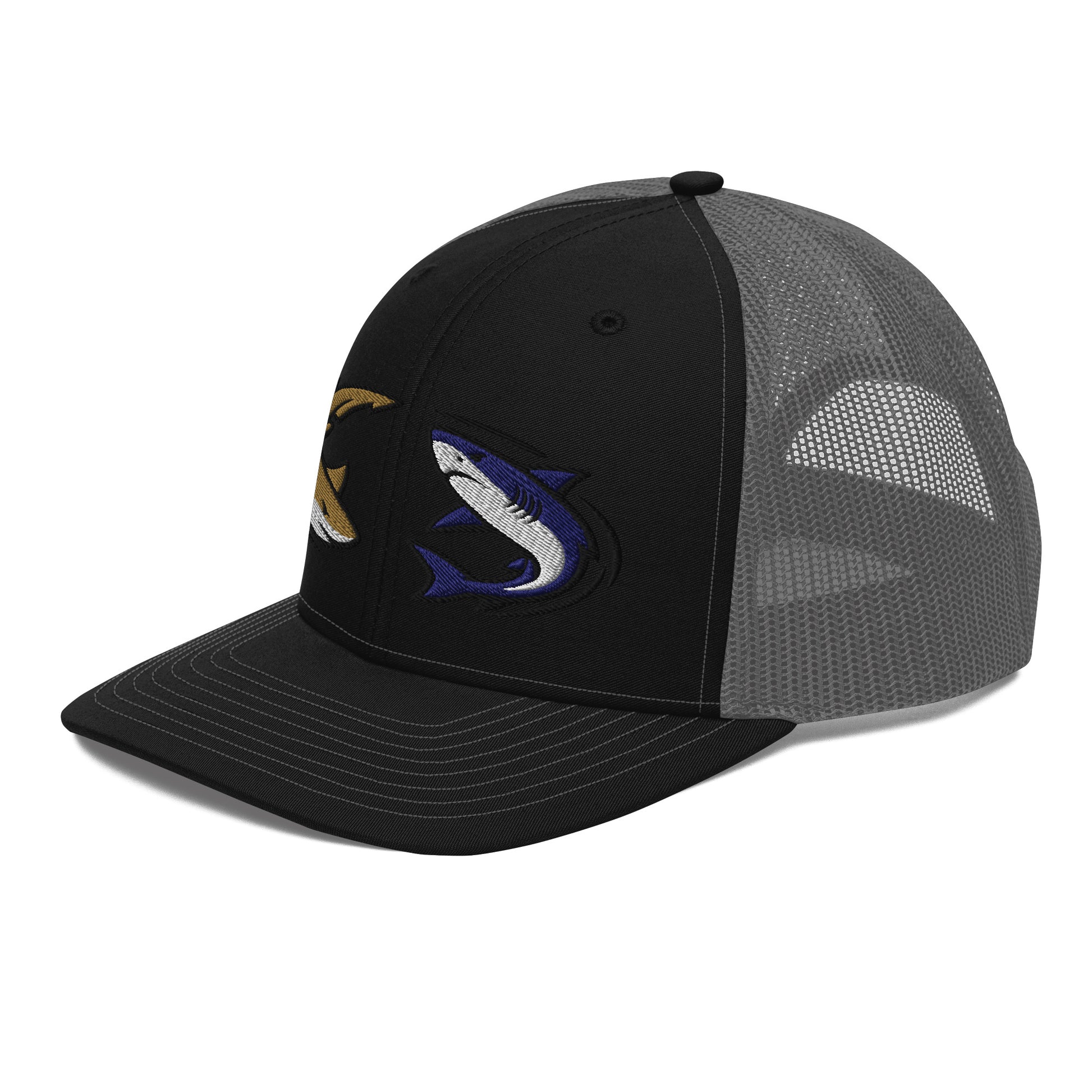 Black and grey trucker hat with embroidered shark graphic, breathable mesh back, fishing hat. - Shark Chase Trucker Hat – Fish Series Richardson 112
