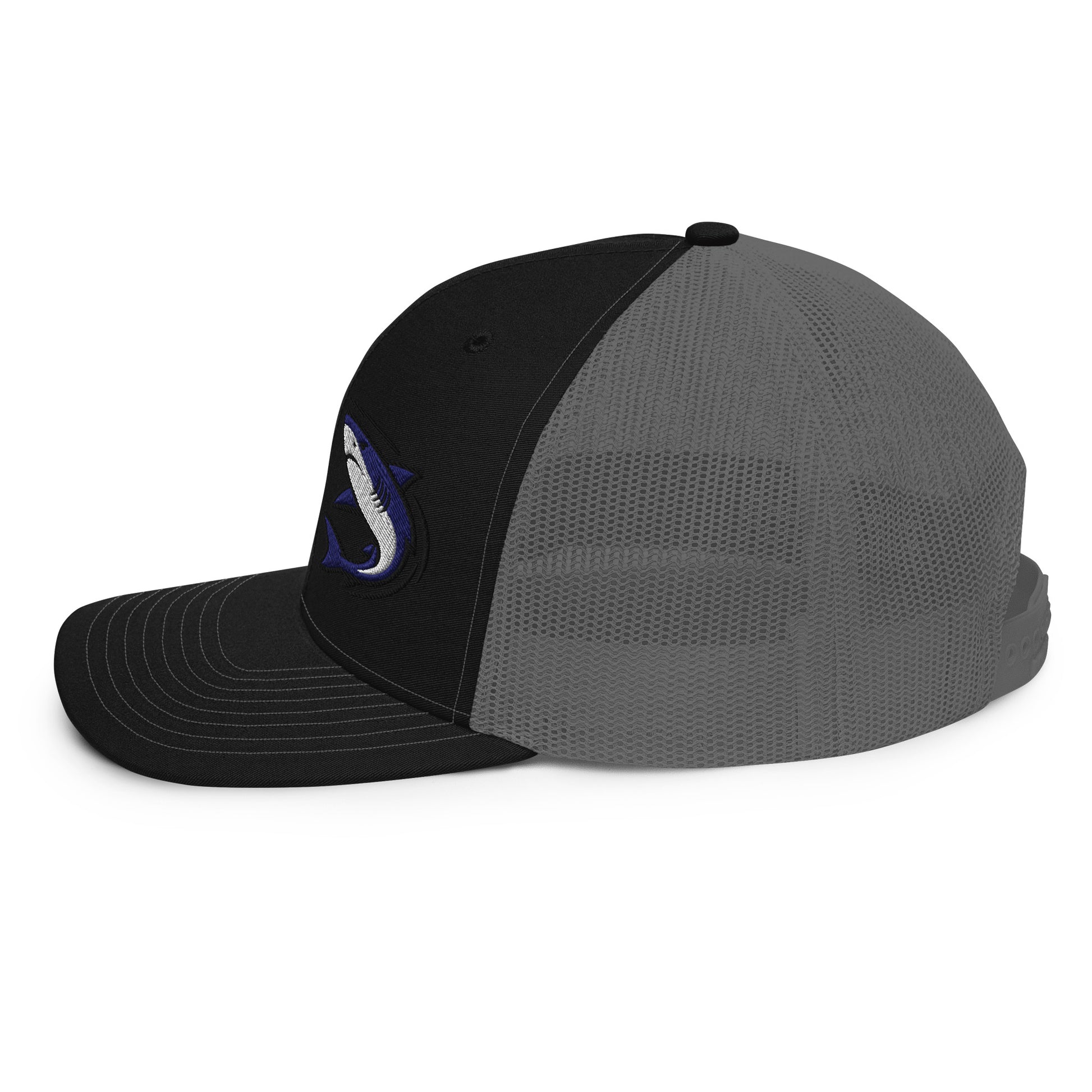 Black and charcoal trucker hat with a funny fishing hat graphic on front panel. - Shark Chase Trucker Hat – Fish Series Richardson 112