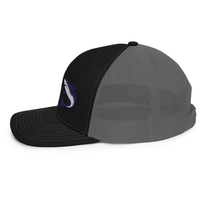 Black and charcoal trucker hat with a funny fishing hat graphic on front panel. - Shark Chase Trucker Hat – Fish Series Richardson 112