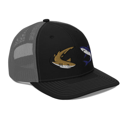 Black and charcoal trucker hat with humorous fish graphic, fishing hat style. - Shark Chase Trucker Hat – Fish Series Richardson 112