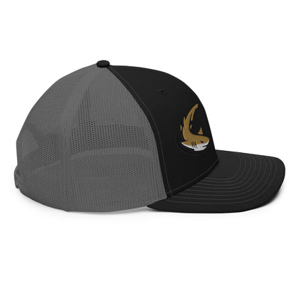 Black and charcoal trucker hat with fishing graphic on front, funny fishing hat design. - Shark Chase Trucker Hat – Fish Series Richardson 112