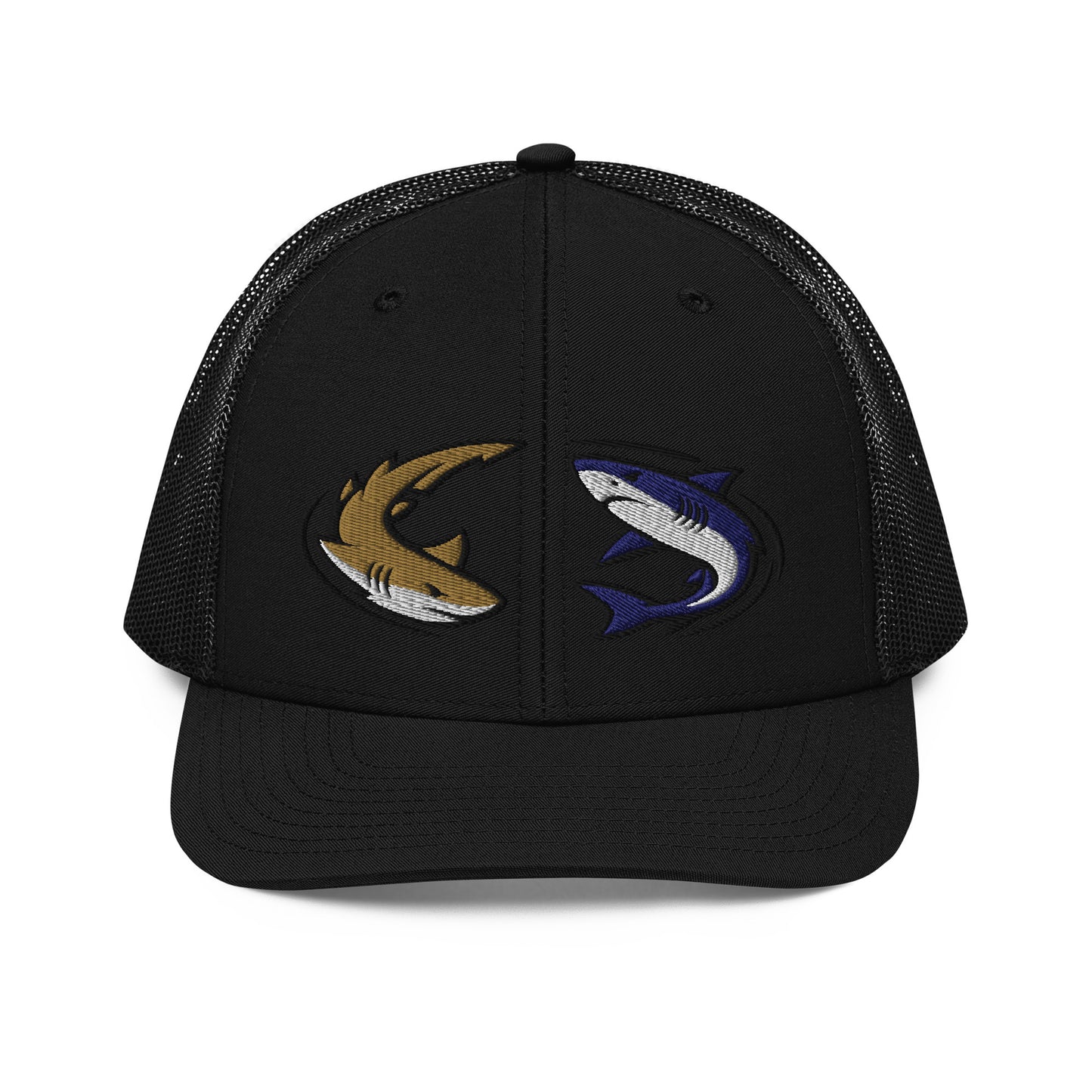 Black mesh trucker hat with embroidered funny shark fishing graphic on front panels. - Shark Chase Trucker Hat – Fish Series Richardson 112