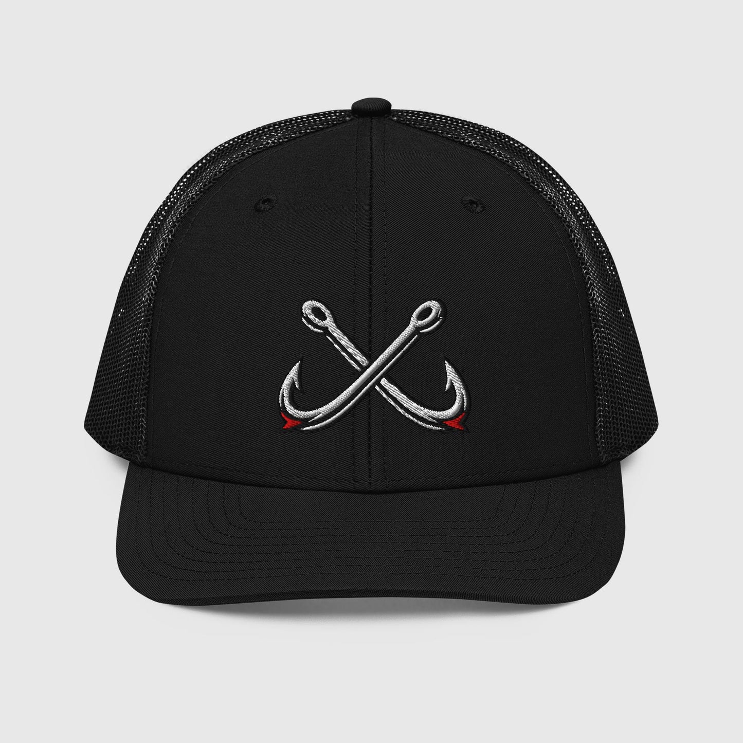 Black trucker hat with crossed fishing hooks graphic, funny fishing hat design. - Crossed Hooks Trucker Hat – Richardson 112 Fishing Hat