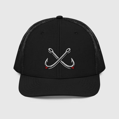 Black trucker hat with crossed fishing hooks graphic, funny fishing hat design. - Crossed Hooks Trucker Hat – Richardson 112 Fishing Hat