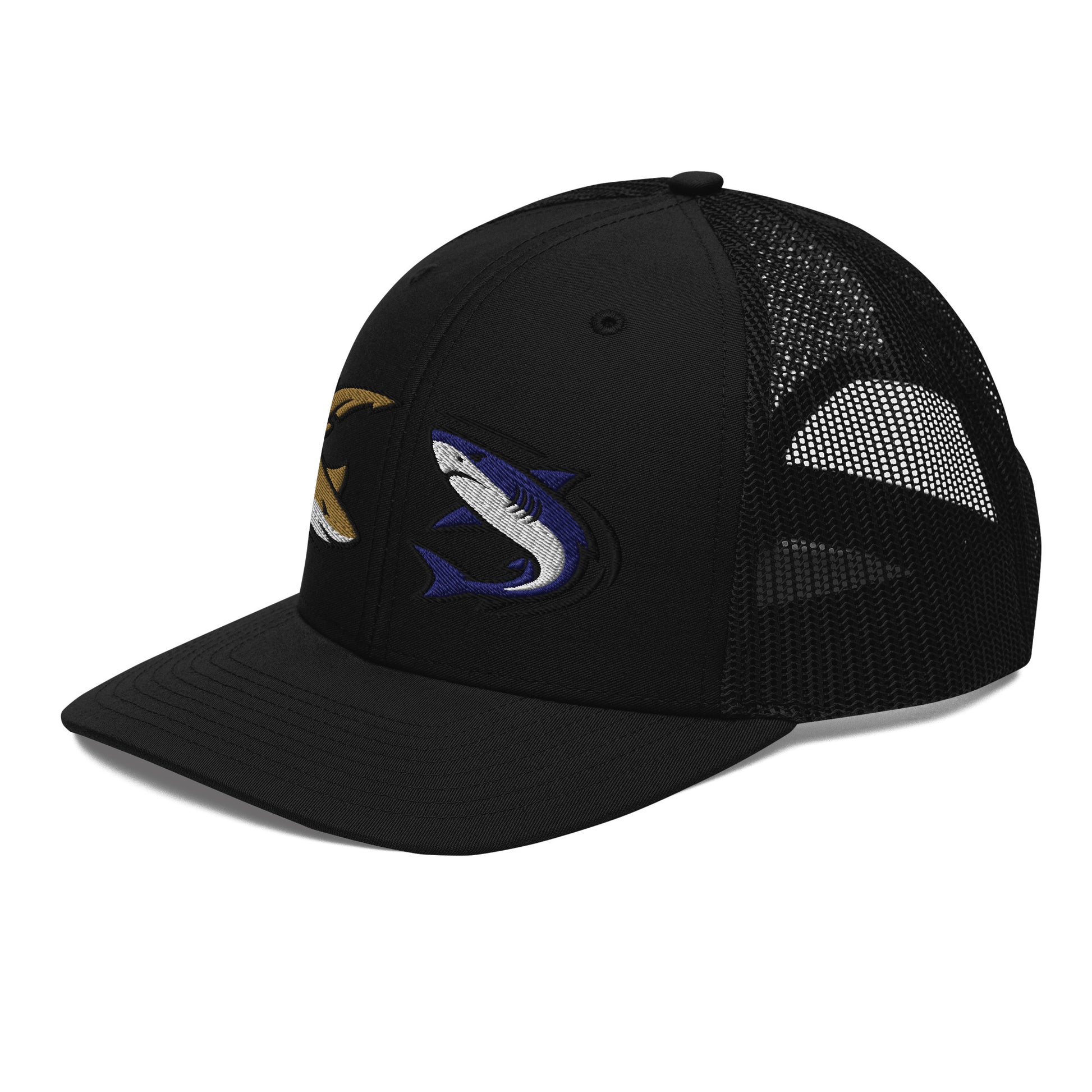 Black trucker fishing hat with mesh back and embroidered shark graphic, funny fishing hat design. - Shark Chase Trucker Hat – Fish Series Richardson 112