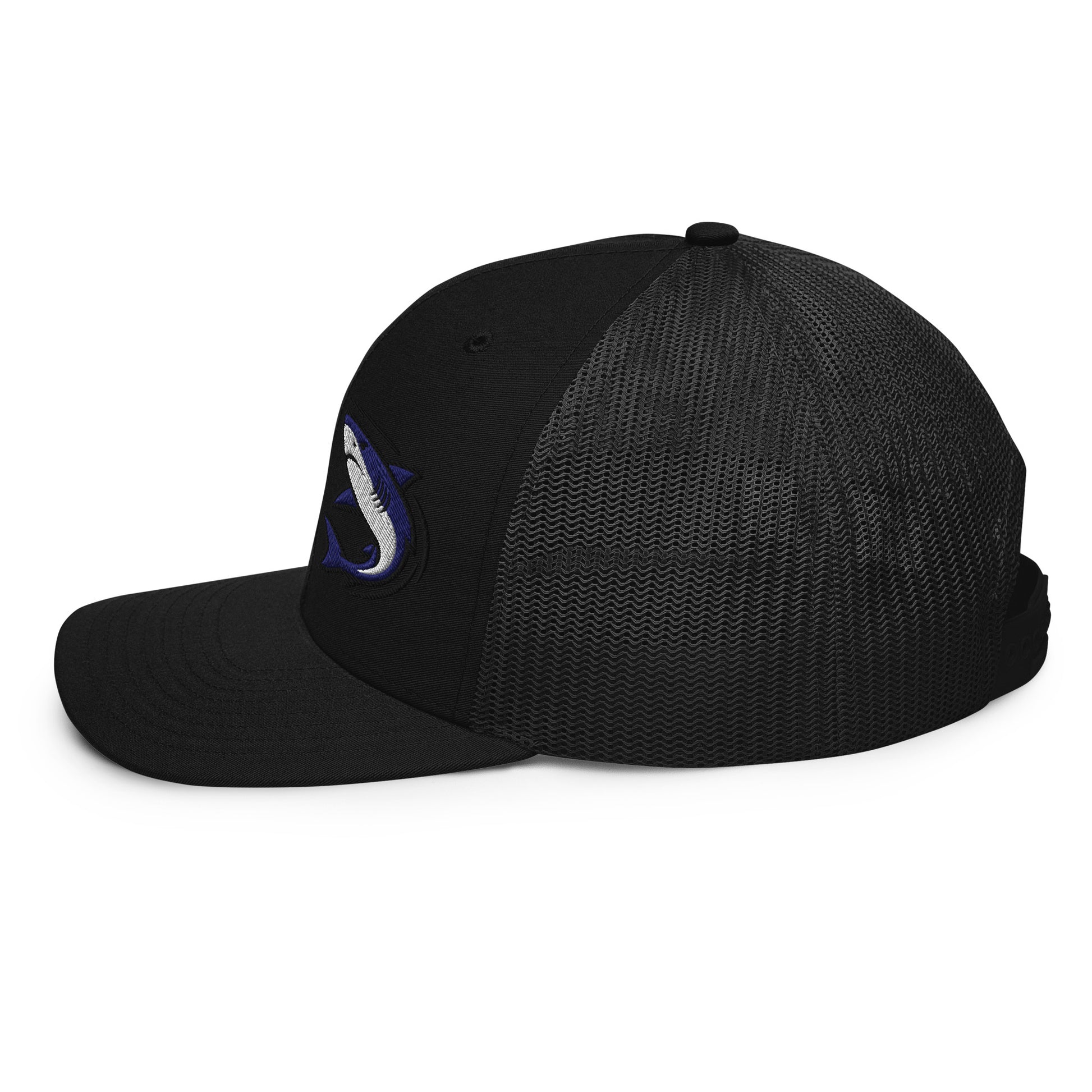 Black and charcoal funny fishing hat with mesh back and embroidered fish graphic snapback. - Shark Chase Trucker Hat – Fish Series Richardson 112