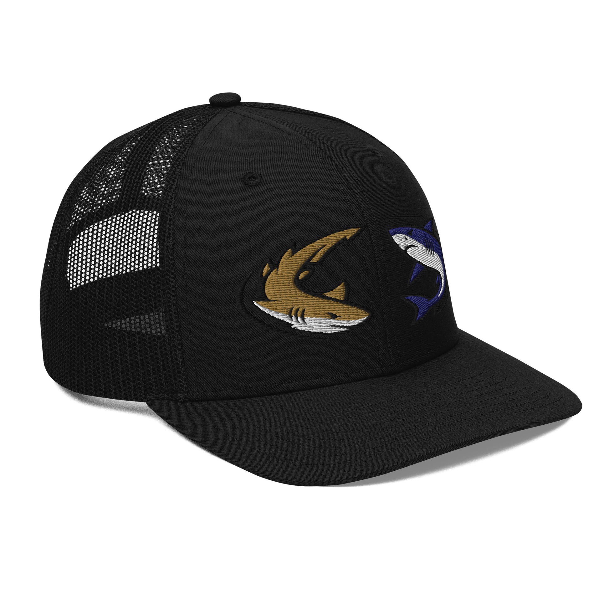 Black Richardson 112 trucker hat with brown and blue shark graphic, fishing hat design. - Shark Chase Trucker Hat – Fish Series Richardson 112