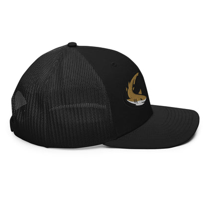 Black mesh trucker hat with curved brim and gold fish graphic, funny fishing hat style. - Shark Chase Trucker Hat – Fish Series Richardson 112