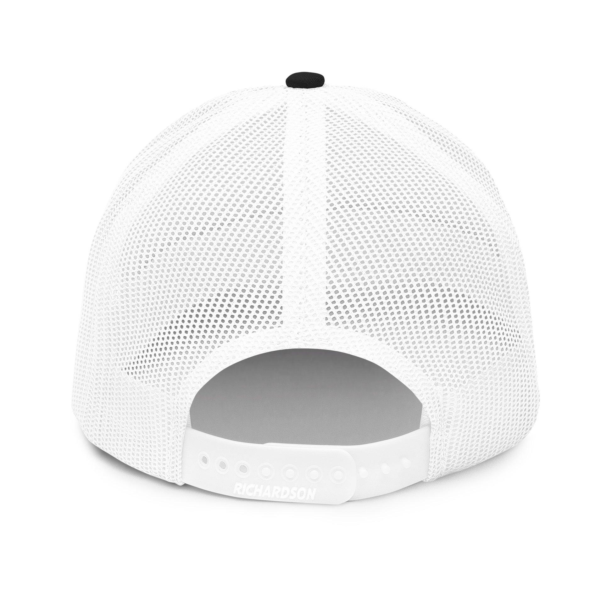 White mesh back snapback fishing hat with adjustable strap, part of funny fishing hat series. - Shark Chase Trucker Hat – Fish Series Richardson 112