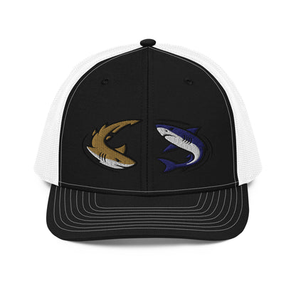 Black and white fishing hat with embroidered shark graphics, funny fishing hat design. - Shark Chase Trucker Hat – Fish Series Richardson 112