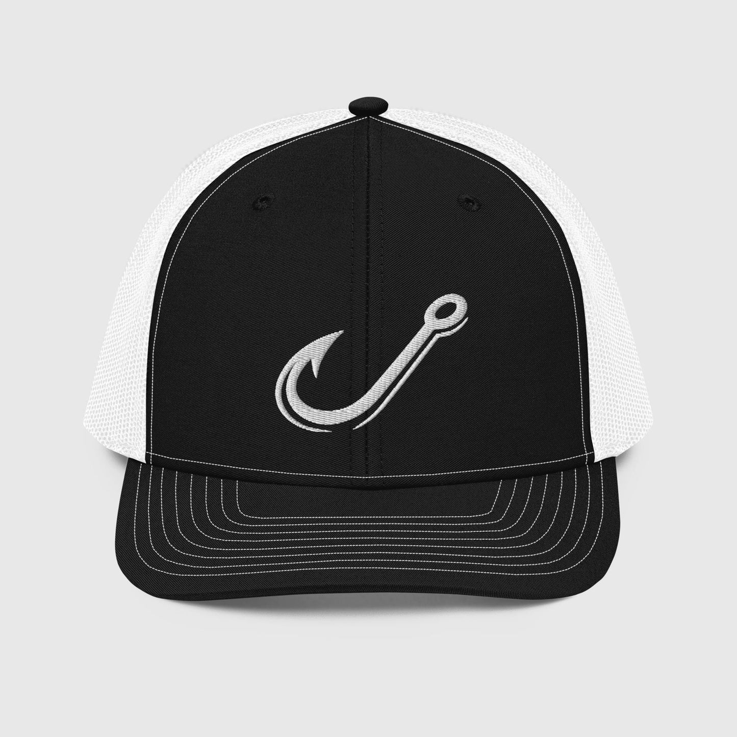 Black and white Richardson 112 trucker fishing hat with gray fish hook graphic, snapback closure. - Classic J Hook Trucker Hat – Richardson 112 Fishing Hat