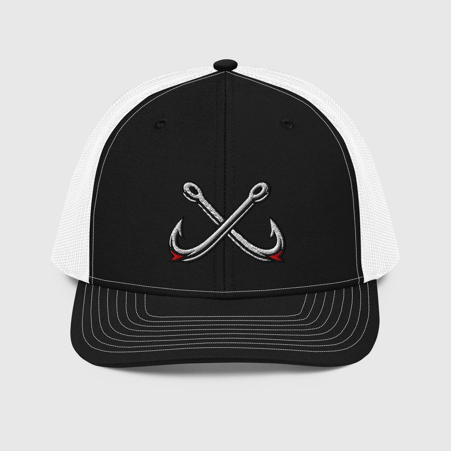 Black and white trucker hat with crossed fishing hooks embroidery, funny fishing hat design. - Crossed Hooks Trucker Hat – Richardson 112 Fishing Hat