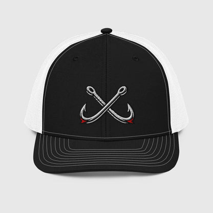 Black and white trucker hat with crossed fishing hooks embroidery, funny fishing hat design. - Crossed Hooks Trucker Hat – Richardson 112 Fishing Hat