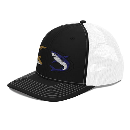 Black and white trucker hat with colorful shark graphic, fishing hat with funny design. - Shark Chase Trucker Hat – Fish Series Richardson 112