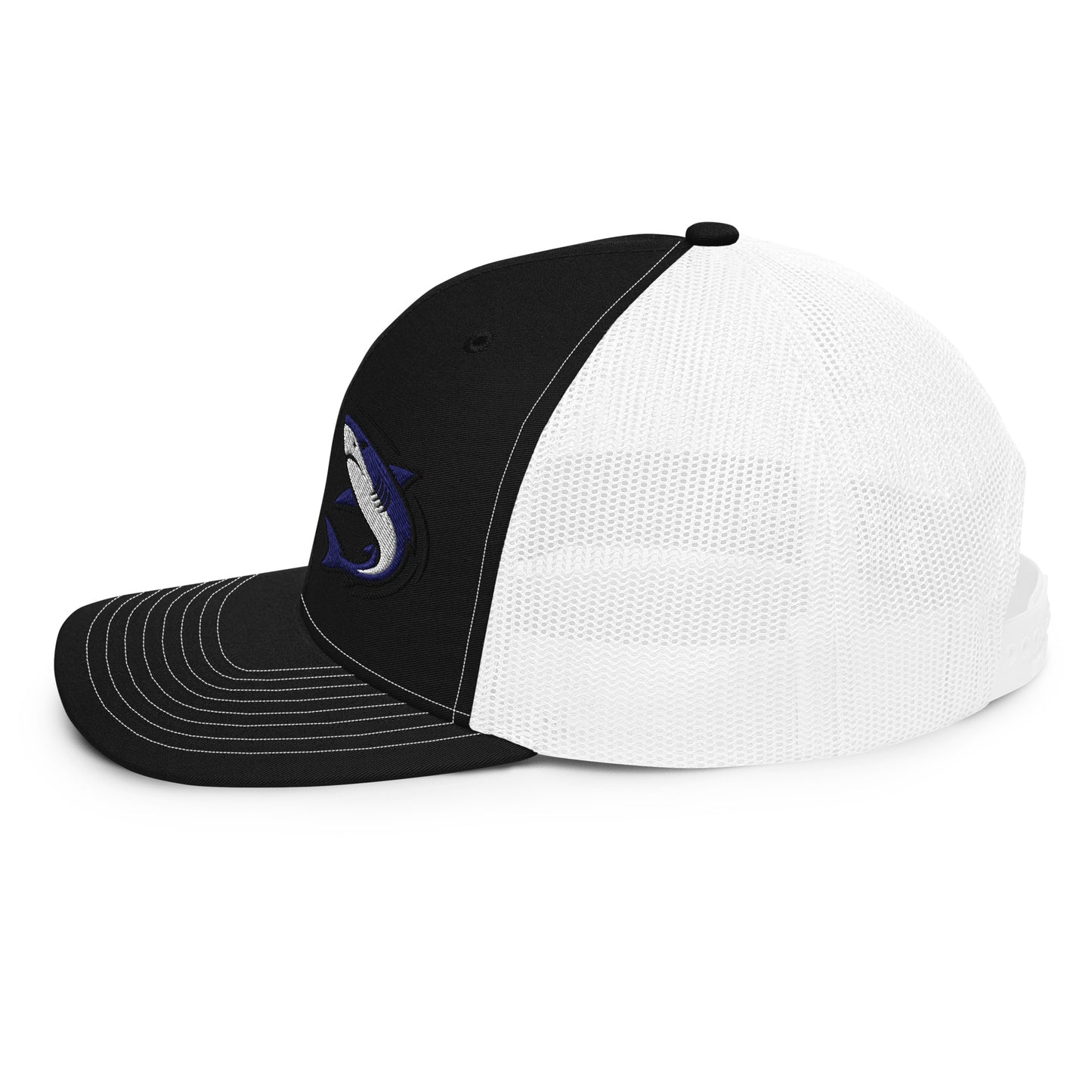 Black and white trucker hat with fish graphic patch, funny fishing hat design. - Shark Chase Trucker Hat – Fish Series Richardson 112