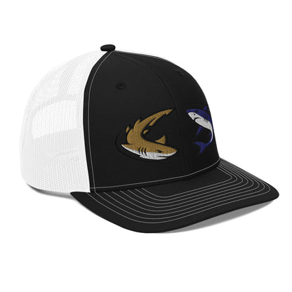 Black and white mesh trucker hat with funny fishing graphic on front, snapback closure. - Shark Chase Trucker Hat – Fish Series Richardson 112