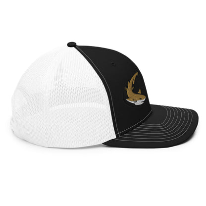 Black and white snapback trucker fishing hat with gold fish graphic and mesh back. - Shark Chase Trucker Hat – Fish Series Richardson 112