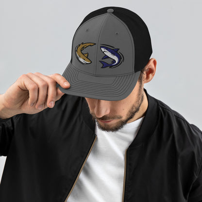 Charcoal and black snapback fishing hat with two embroidered fish graphic on front panel. - Shark Chase Trucker Hat – Fish Series Richardson 112