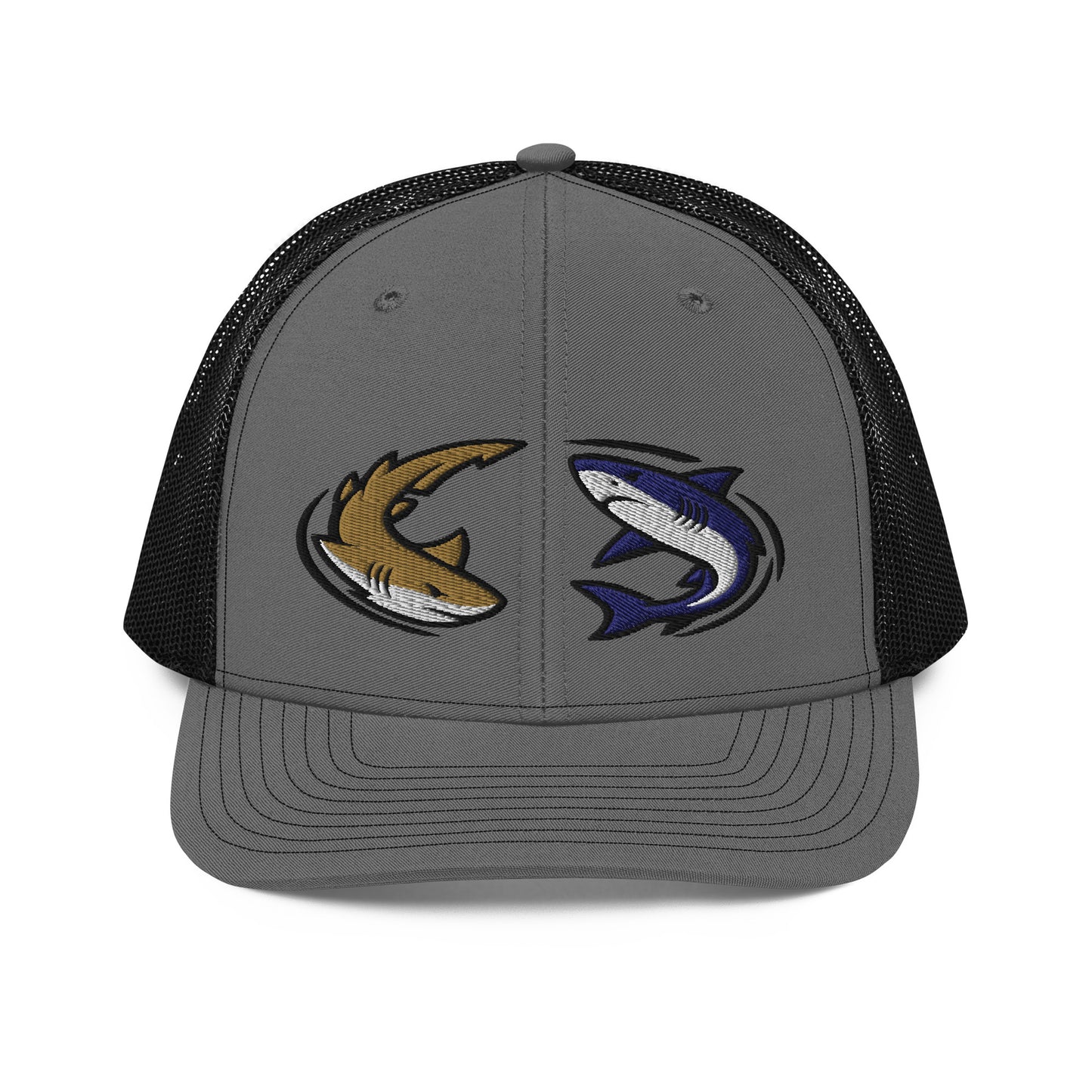 Charcoal and black trucker hat with embroidered left and right-facing cartoon fish, fishing hat with playful design. - Shark Chase Trucker Hat – Fish Series Richardson 112
