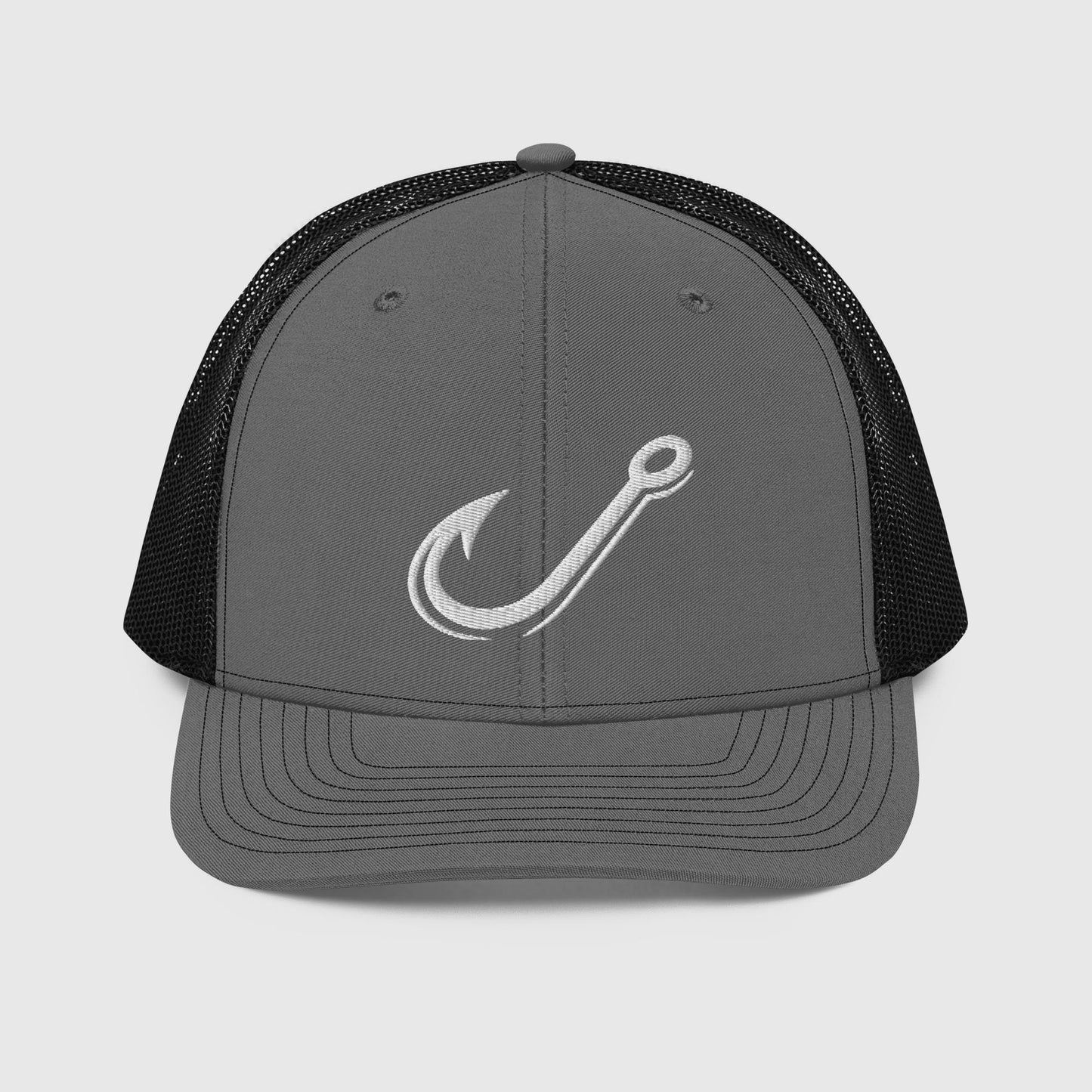 Charcoal and black trucker fishing hat with white fishing hook graphic and snapback closure. - Classic J Hook Trucker Hat – Richardson 112 Fishing Hat