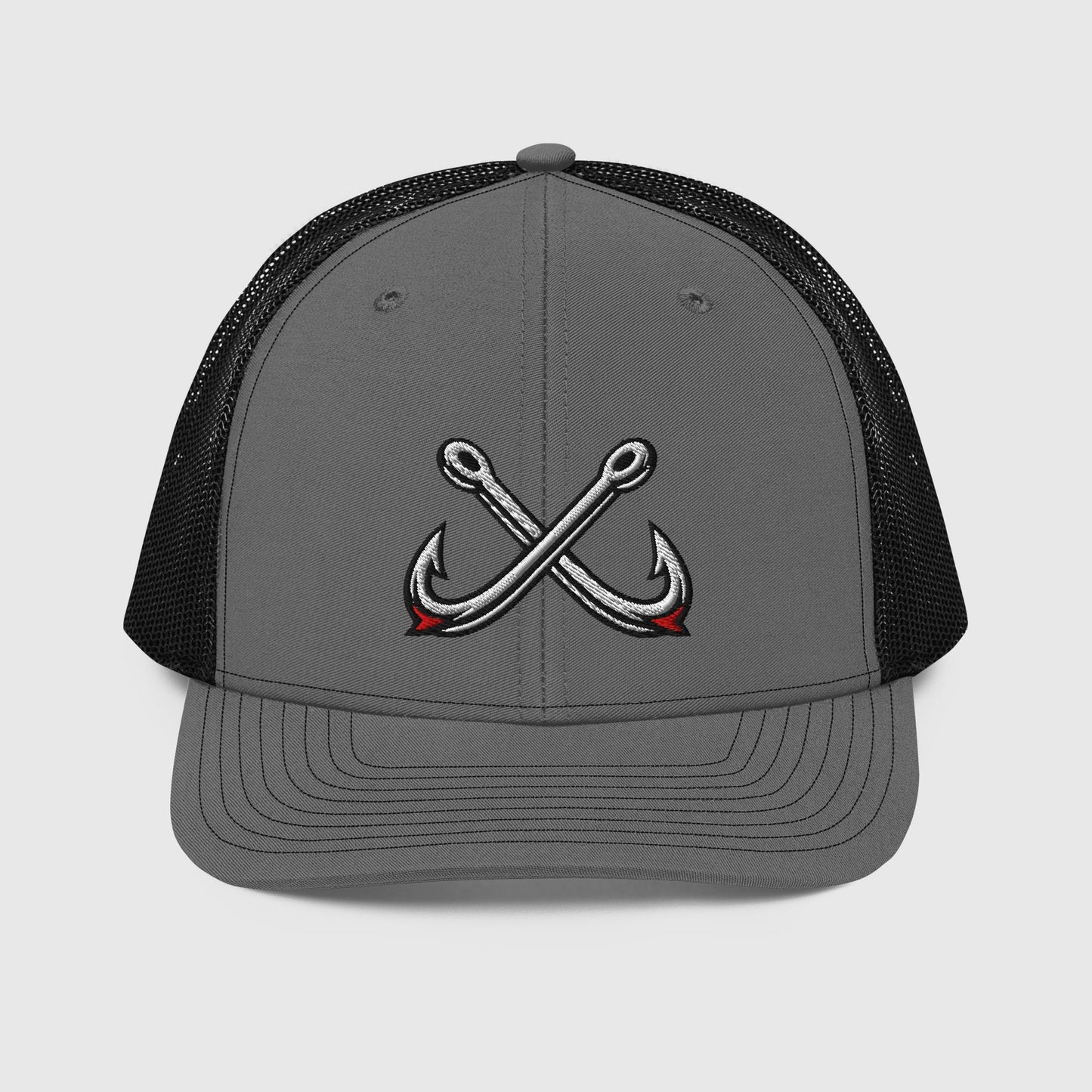 Charcoal black trucker hat with crossed fishing hooks embroidered front, funny fishing hat design. - Crossed Hooks Trucker Hat – Richardson 112 Fishing Hat
