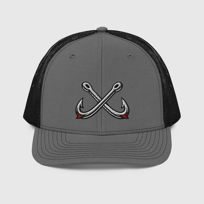 Charcoal black trucker hat with crossed fishing hooks embroidered front, funny fishing hat design. - Crossed Hooks Trucker Hat – Richardson 112 Fishing Hat