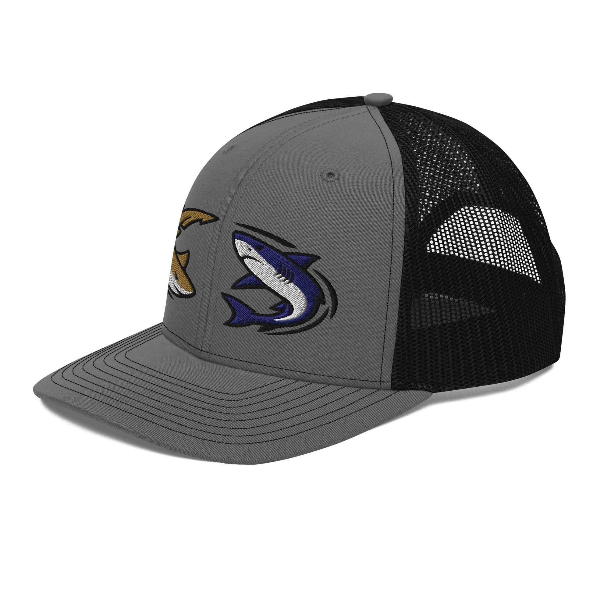 Heather grey and black Shark Chase fishing hat with graphic snapback trucker style. - Shark Chase Trucker Hat – Fish Series Richardson 112