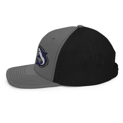 Heather grey and black snapback fishing hat with graphic fish logo and mesh back, funny fishing hat style. - Shark Chase Trucker Hat – Fish Series Richardson 112
