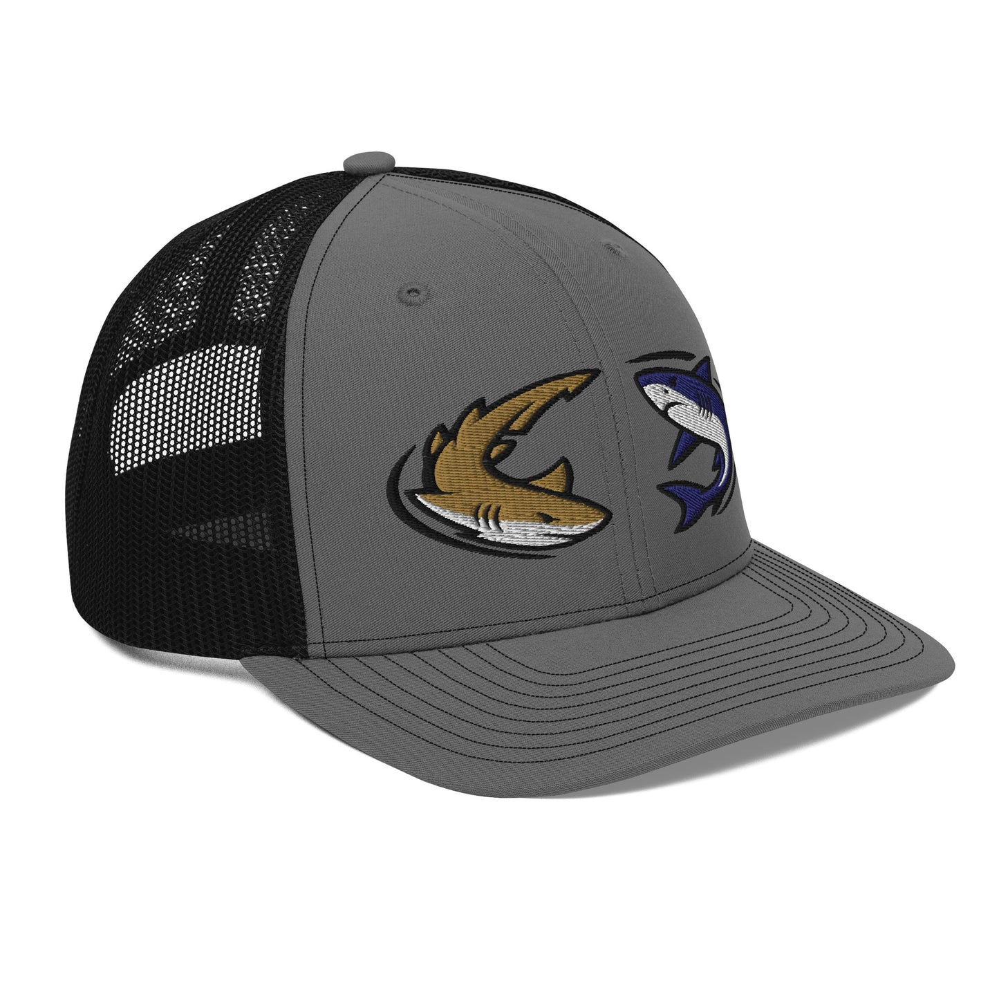 Charcoal and black trucker hat with embroidered shark faces graphic, funny fishing hat design. - Shark Chase Trucker Hat – Fish Series Richardson 112