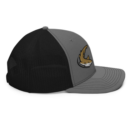 Heather grey and black Shark Chase graphic fishing hat with mesh trucker back and snapback closure. - Shark Chase Trucker Hat – Fish Series Richardson 112