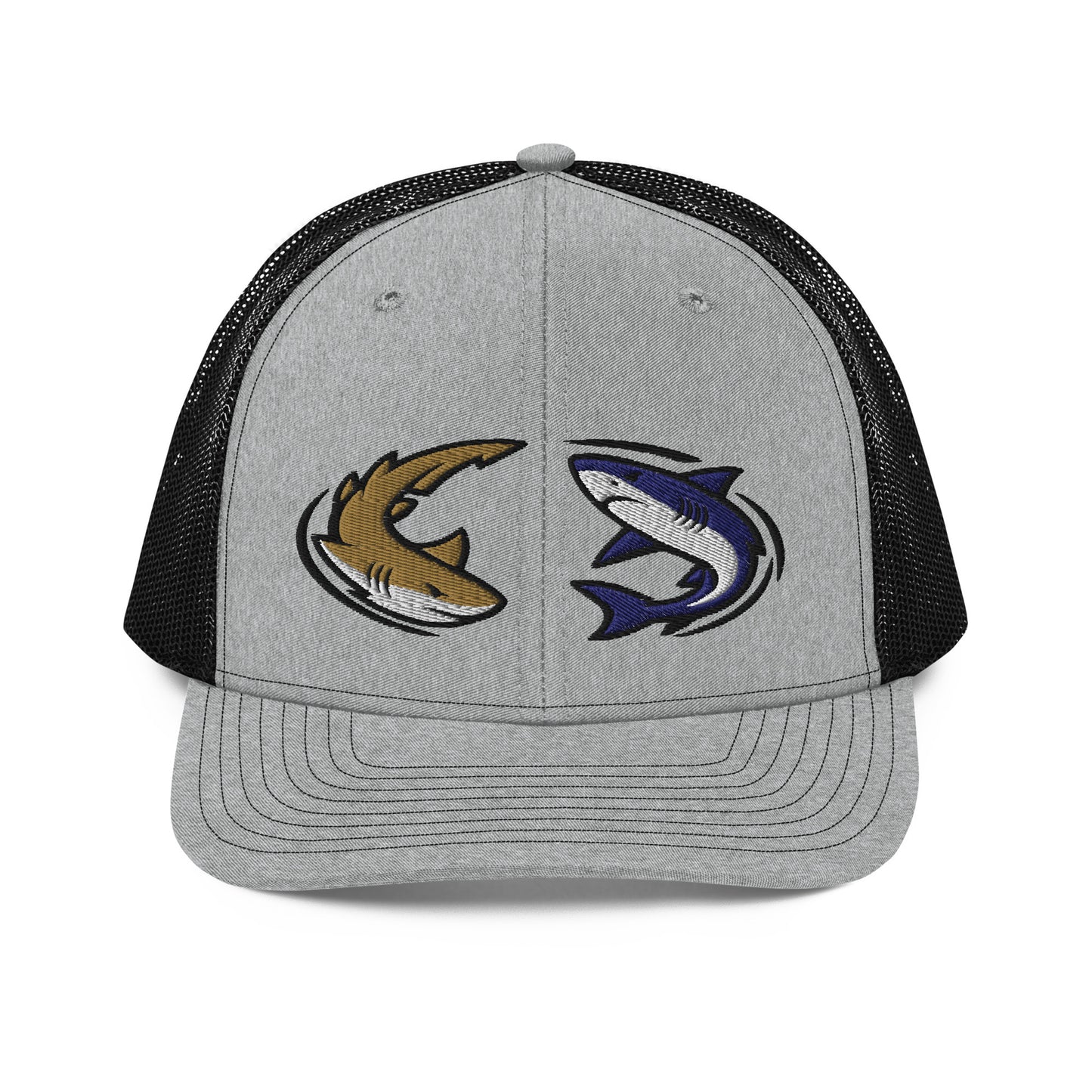 Heather grey and black trucker hat with two cartoon fish graphics, funny fishing hat style. - Shark Chase Trucker Hat – Fish Series Richardson 112