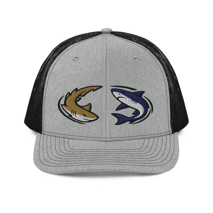 Heather grey and black trucker hat with two cartoon fish graphics, funny fishing hat style. - Shark Chase Trucker Hat – Fish Series Richardson 112