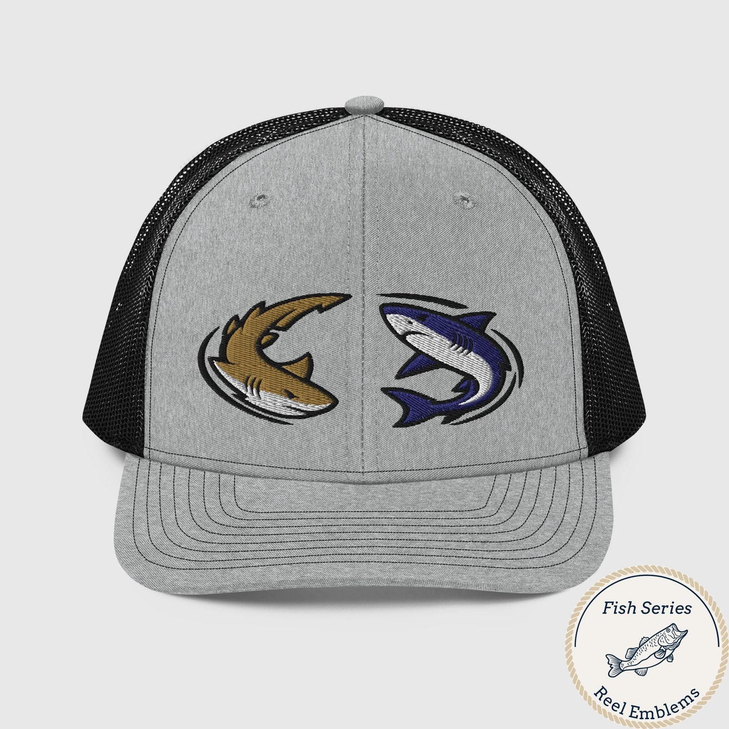 Heather grey and black fishing hat with dual shark graphic and snapback closure. - Shark Chase Trucker Hat – Fish Series Richardson 112