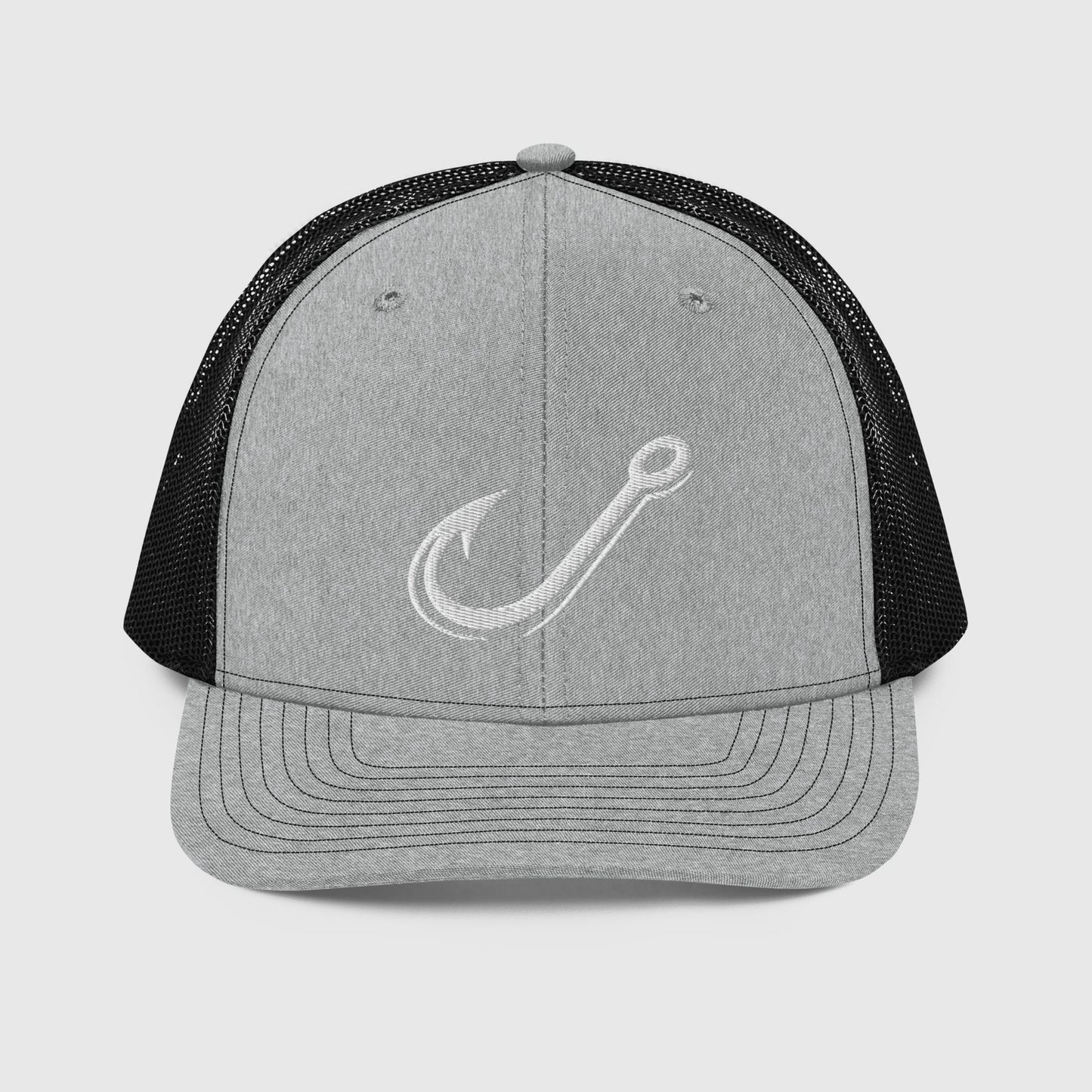 Heather grey and black trucker hat with embroidered fishing hook graphic, funny fishing hat design. - Classic J Hook Trucker Hat – Richardson 112 Fishing Hat