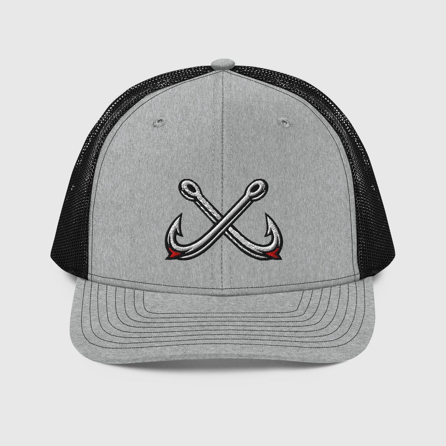Heather grey and black trucker fishing hat with crossed hooks embroidery and mesh back panel. - Crossed Hooks Trucker Hat – Richardson 112 Fishing Hat