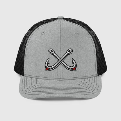 Heather grey and black trucker fishing hat with crossed hooks embroidery and mesh back panel. - Crossed Hooks Trucker Hat – Richardson 112 Fishing Hat