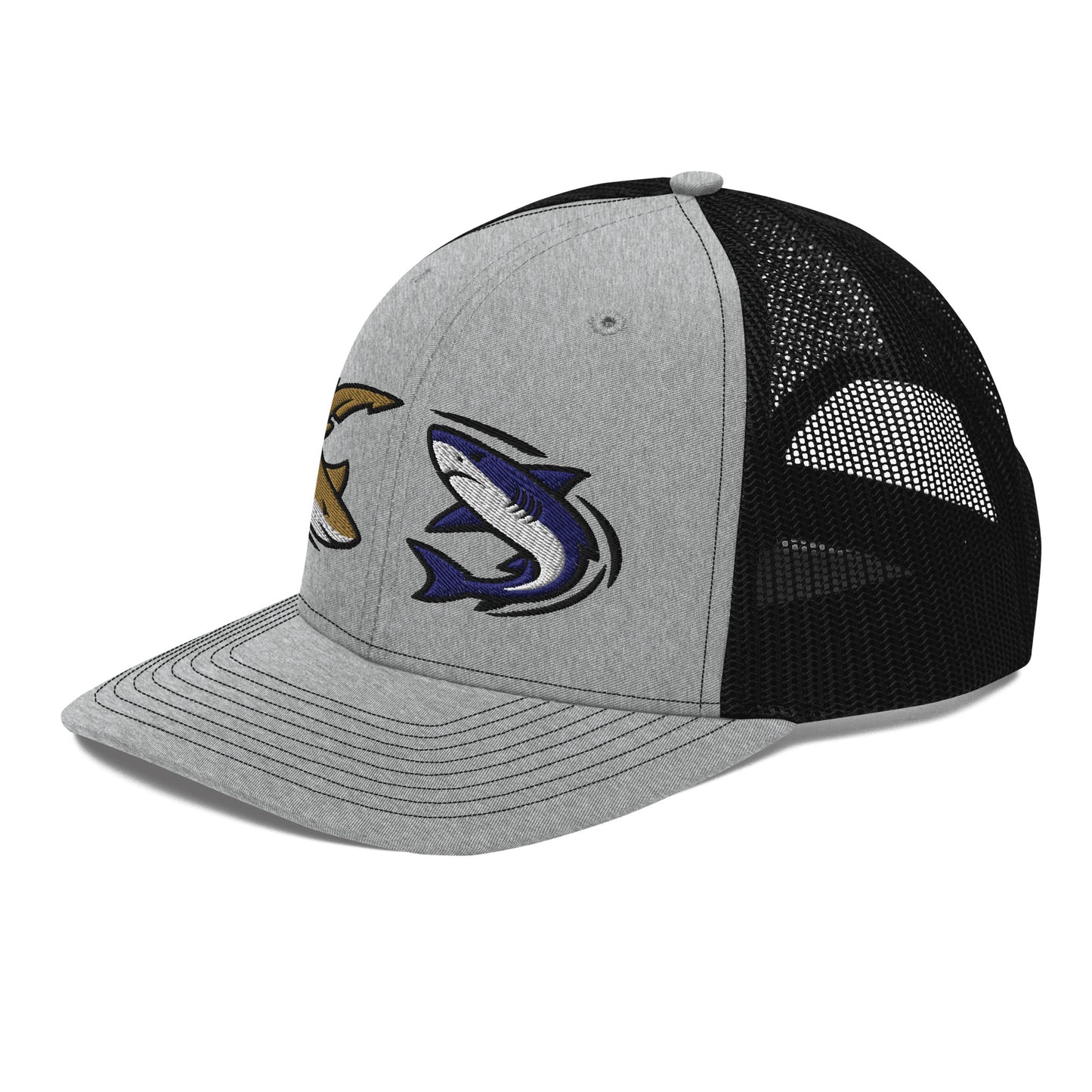 Heather grey and black mesh fishing hat with funny multicolored shark graphic and snapback closure. - Shark Chase Trucker Hat – Fish Series Richardson 112
