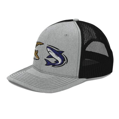 Heather grey and black mesh fishing hat with funny multicolored shark graphic and snapback closure. - Shark Chase Trucker Hat – Fish Series Richardson 112
