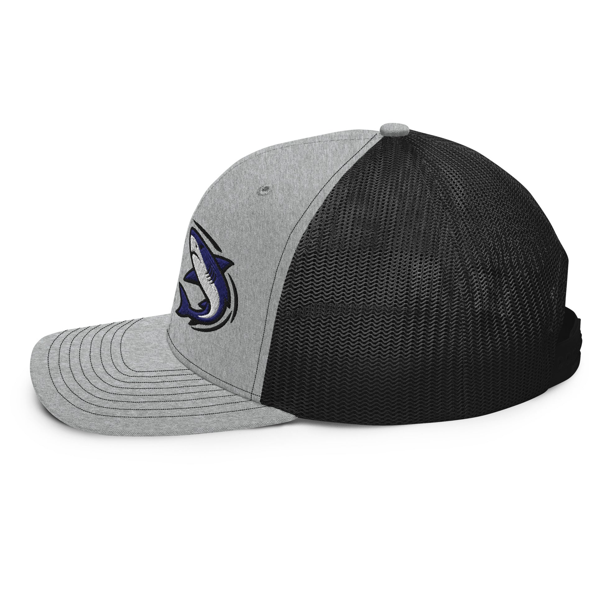 Heather grey and black Shark Chase fishing hat with mesh back and embroidered graphic, snapback design, funny fishing hat. - Shark Chase Trucker Hat – Fish Series Richardson 112