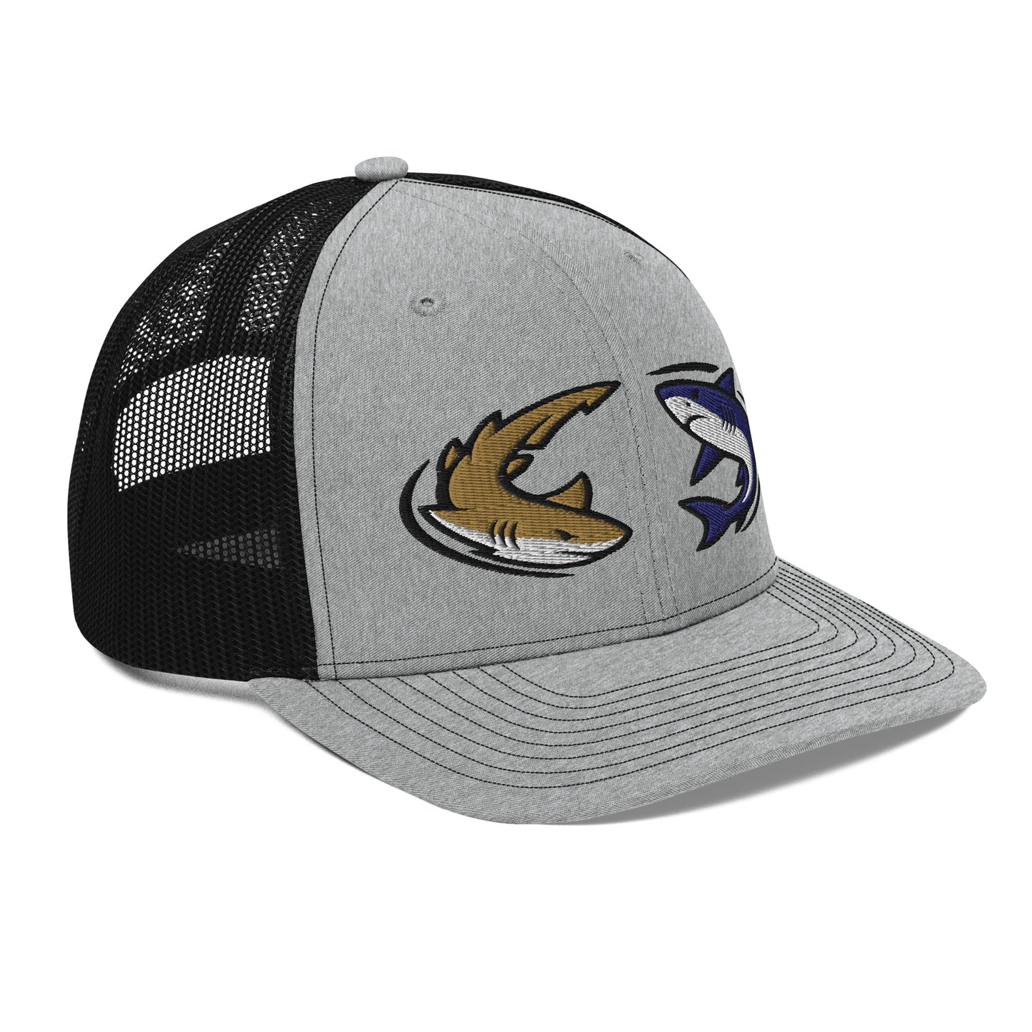 Heather grey and black mesh trucker hat with embroidered cartoon shark graphics, funny fishing hat design. - Shark Chase Trucker Hat – Fish Series Richardson 112