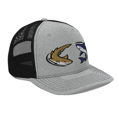Heather grey and black mesh trucker hat with embroidered cartoon shark graphics, funny fishing hat design. - Shark Chase Trucker Hat – Fish Series Richardson 112